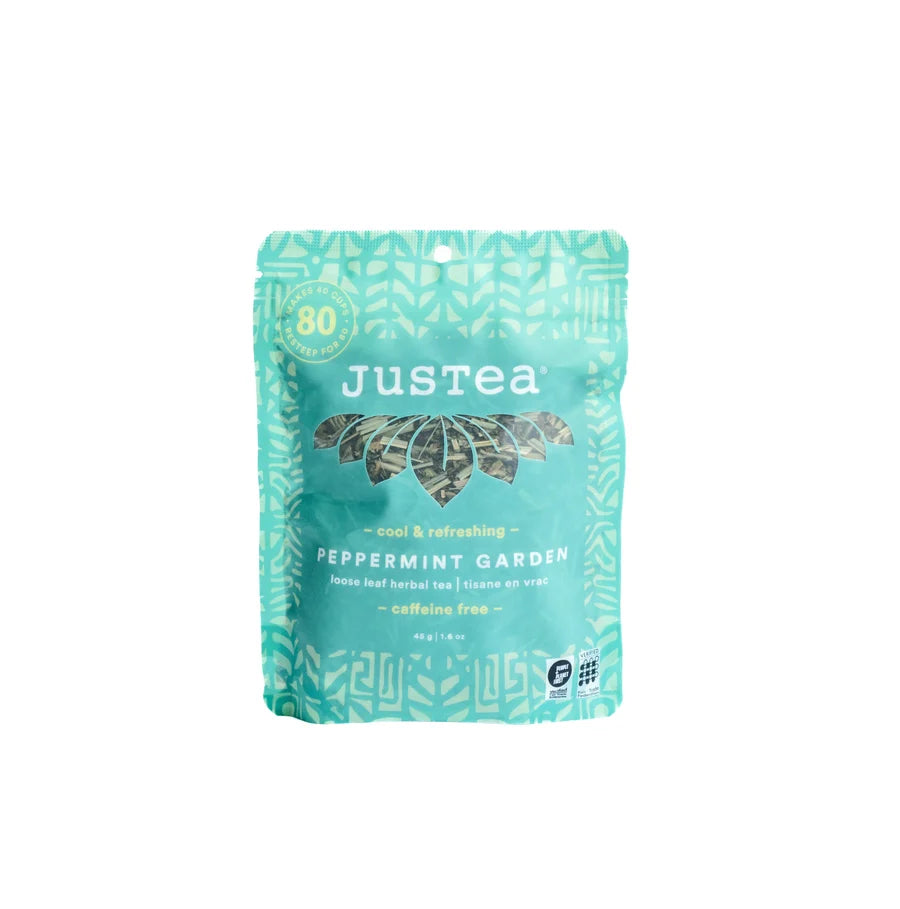 Tea package with 'JusTea' branding on a white background