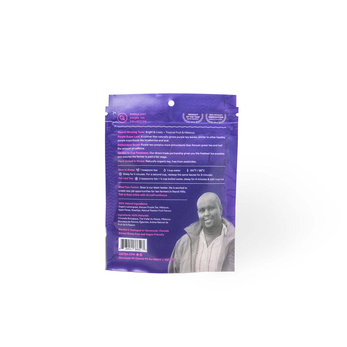 The back of a purple stand-up pouch package, featuring white text, a small circular logo, a barcode, and a printed portrait of a smiling man on the lower right.