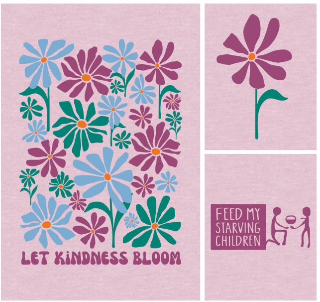 Pink hoodie closeup with floral design and 'Feed My Starving Children' logo.