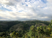 Hilly Haitian landscape with greenery and a partly cloudy sky.
