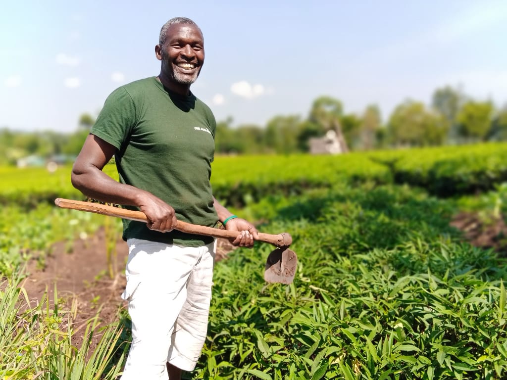 A smiling tea farmer wearing a green t-shirt and white pants stands in a lush green field holding a hand hoe.