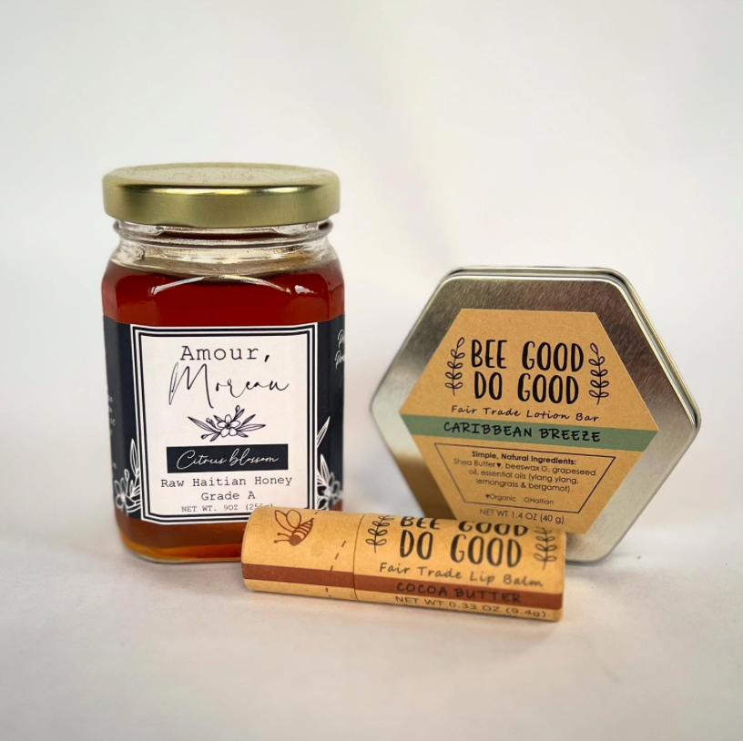 Honey jar, lotion bar, and lip balm with 'Bee Good Do Good' branding on a white background