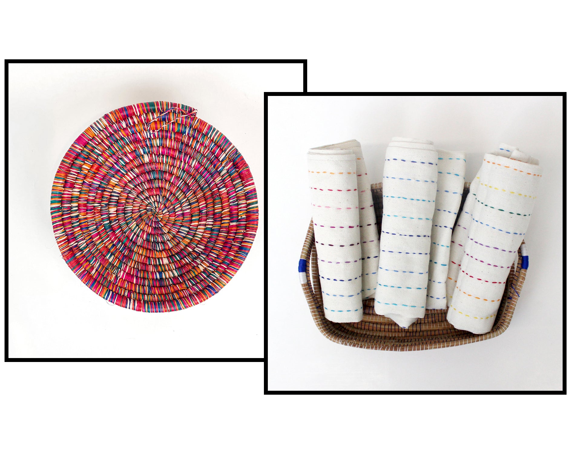 SMALL GRASS-WOVEN BASKET &amp; HAND-STITCHED TEA TOWEL