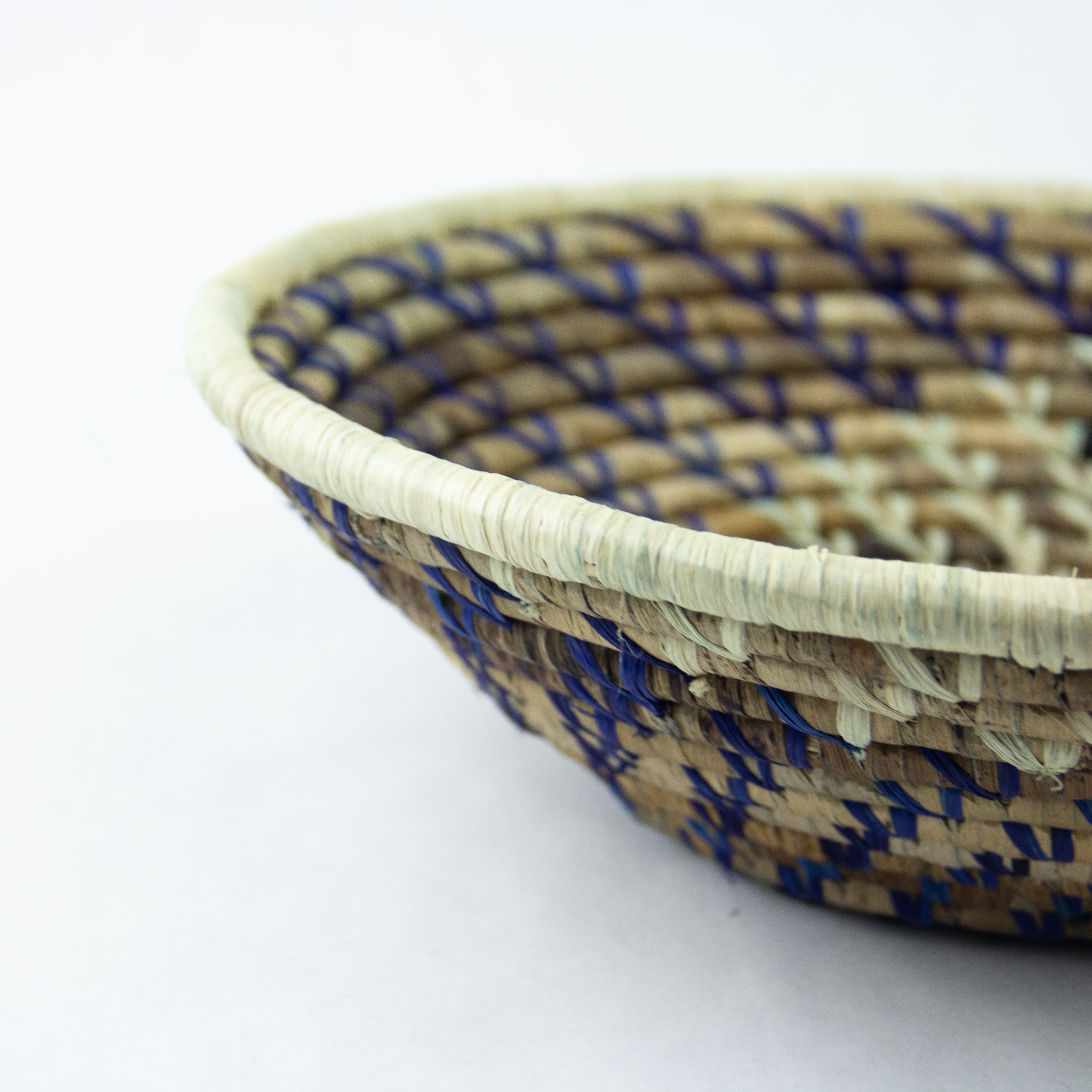 Grass-Woven Basket, Blue/Natural Spiral - FMSCMarketplace.org
