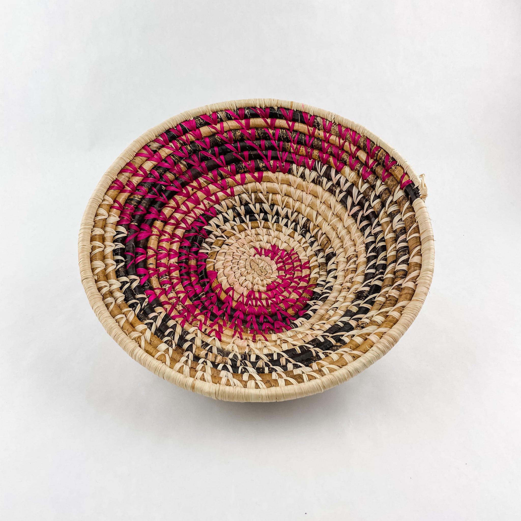 Grass-Woven Basket, Raspberry/Natural Spiral